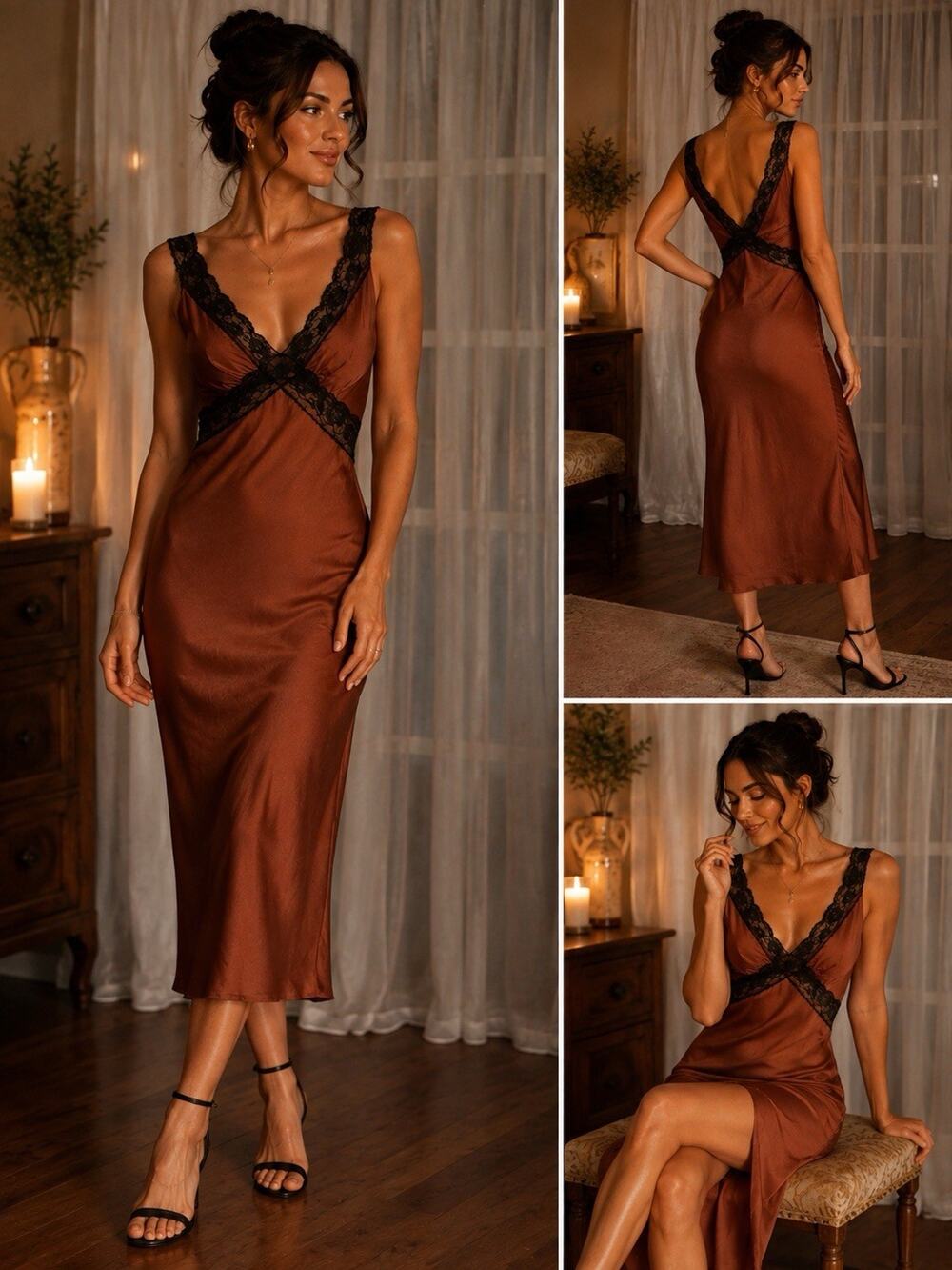 NWT Abercrombie and Fitch Brown Satin Lace-Trim Slip Midi Dress SMALL Dreamy
